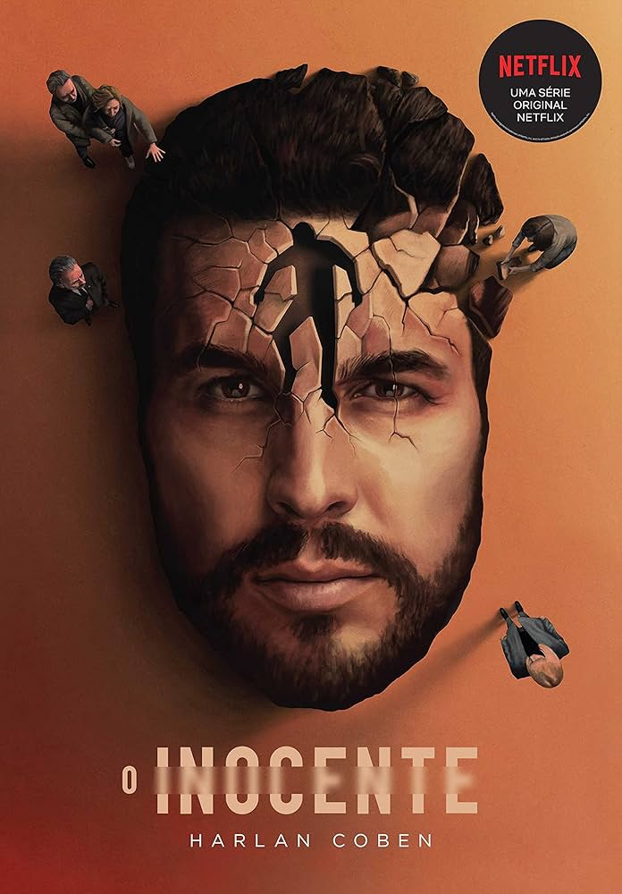 o inocente- harlan coben - capa da séria netflix, home de barba com um espaço em formato de ser humano no meio da test e cabeça rachada